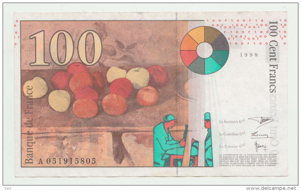 France 100 Francs 1998 VF++ CRISP Banknote Pick 158 - 100 F 1997-1998 ''Cézanne''