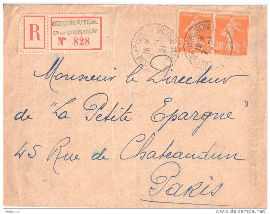 2898 BOULOGNE Sur SEINE  Lettre Recommandée Semeuse 30 C Orange Yv 141 Ob 7 1 1921 - Covers & Documents
