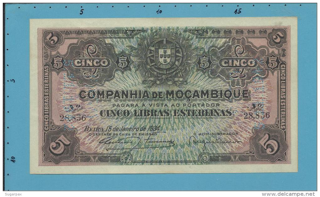 MOZAMBIQUE - 5 LIBRAS ESTERLINAS - 15.01.1934 - P R32 - UNC - PAGO 5.11.1942 - COMPANHIA DE MOÇAMBIQUE - Moçambique