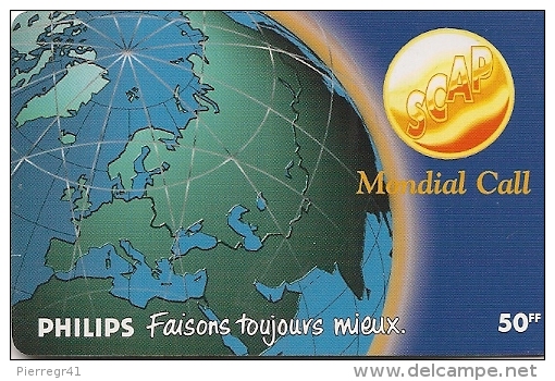 CARTE-PREPAYEE-50F-SCAP MONDIAL CALL-PHILIPS-PILE POWER LIFE-TBE - Autres & Non Classés