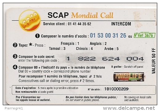 CARTE-PREPAYEE-50F-SCAP MONDIAL CALL-PHILIPS-PILE POWER LIFE-TBE - Autres & Non Classés