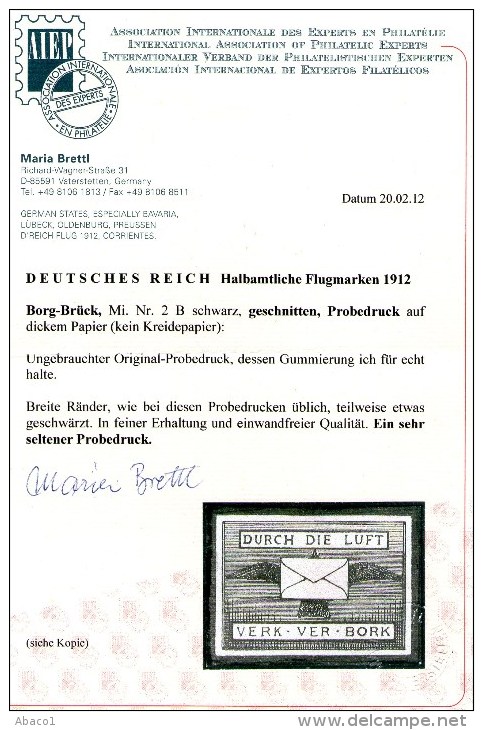 Nr.2B - Flugmarke Bork Brück 1912 - Probedruck - Attest Brettl - Luft- Und Zeppelinpost