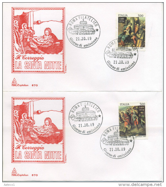 ITALIA - FDC  CAPITOLIUM 1989 - NATALE - ARTE CORREGGIO -  SERIE COMPLETA SU DUE BUSTE - FDC