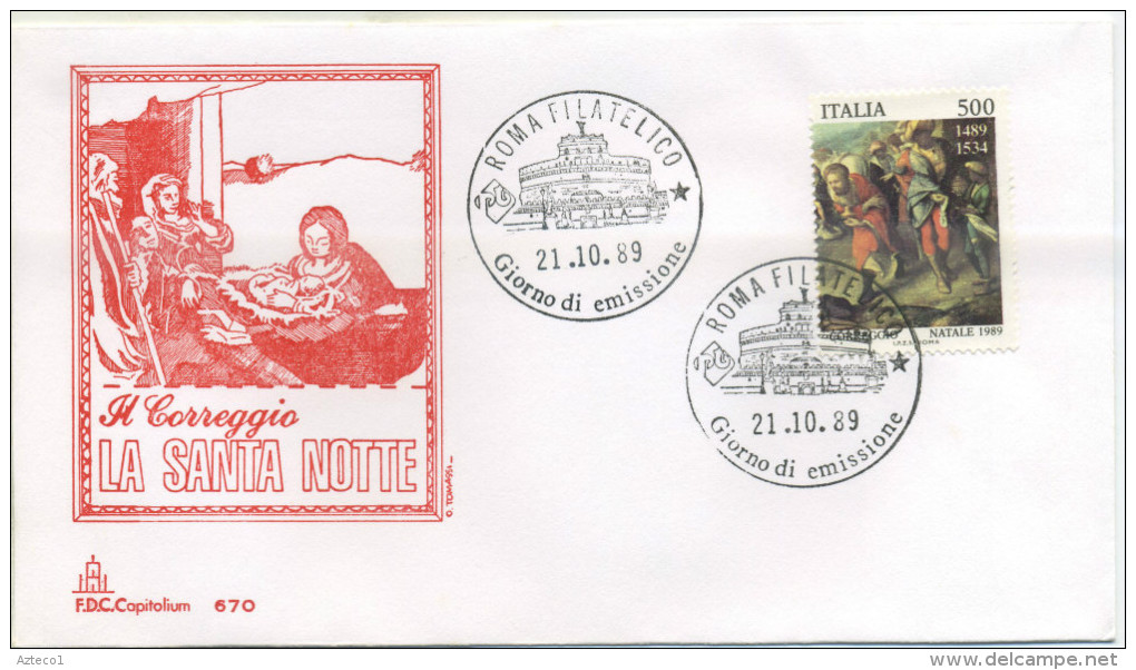 ITALIA - FDC  CAPITOLIUM 1989 - NATALE - ARTE CORREGGIO -  SERIE COMPLETA SU DUE BUSTE - FDC