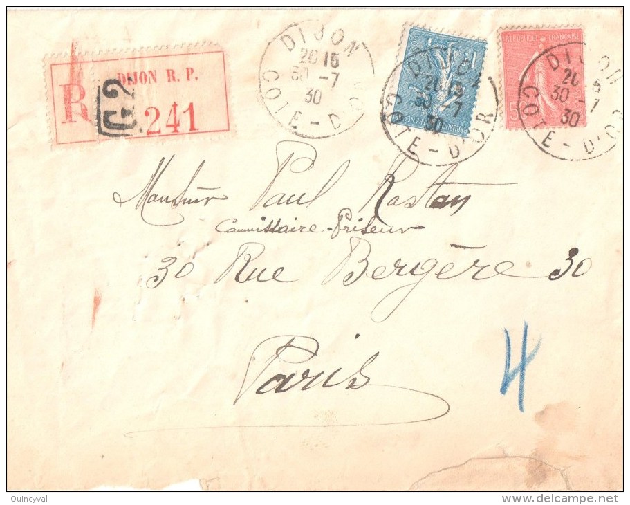 2904 DIJON Cote D'Or Lettre Recommandée Semeuse Lignée Yv 1F Bleu Yv 205 5àc Rouge Yv 199 Griffe Guichet G2 Ob 30 7 1930 - Brieven En Documenten