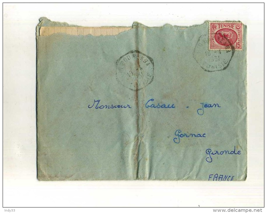 - FRANCE COLONIES . TUNISIE 1930/55 . LETTRE DE 1951 POUR LA METROPOLE . - Covers & Documents