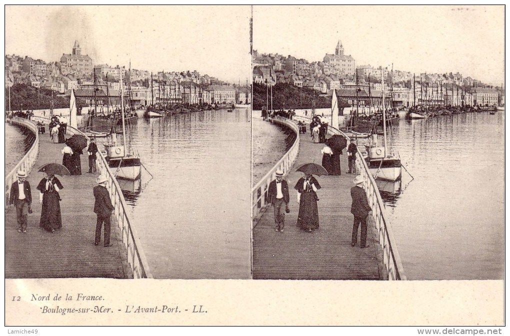 Vues Stéréoscopiques 12 Nord De La France BOULOGNE Sur MER   L’ Avant Port ( Bateau Vue Générale Ombrelle ..) - Stereoscopische Kaarten