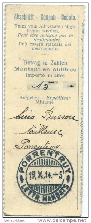 Coupon Talon D'une  Lettre - Mandat/ Porrentruy/Commune SUISSE/ Canton Du Jura/ 1914      TIMB53 - Non Classés