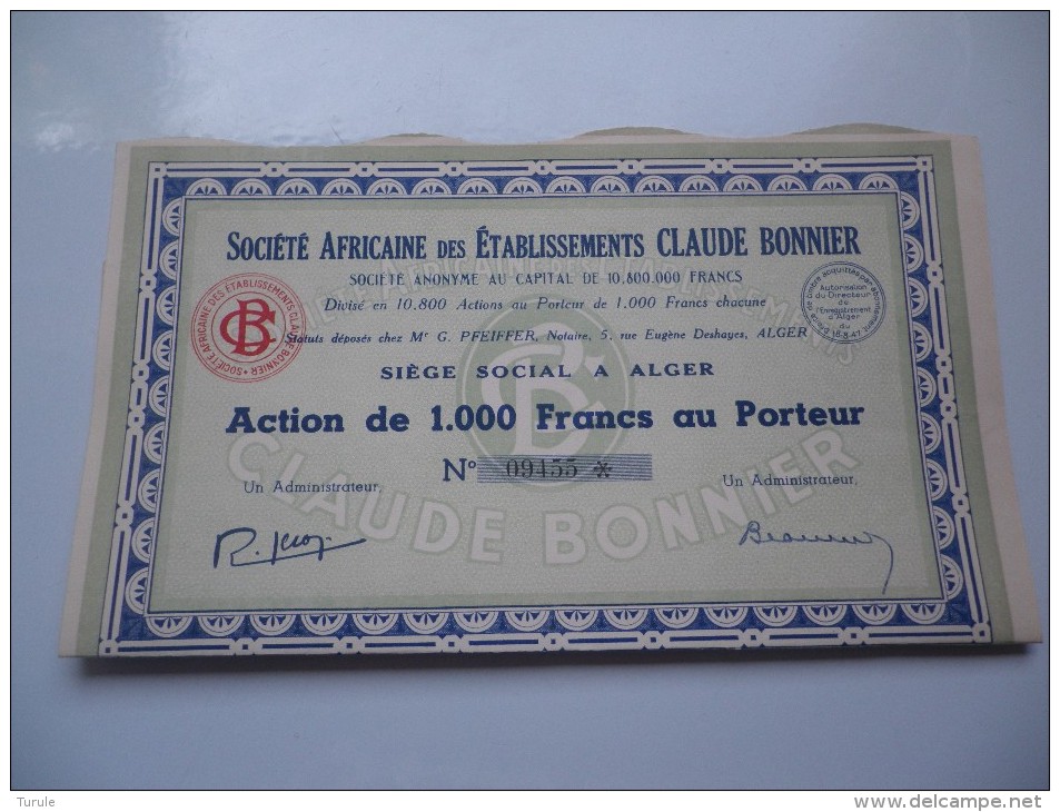 Ets CLAUDE BONNIER (capital 10,8 Millions) ALGERIE - Autres & Non Classés