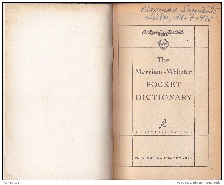 1951 The Merriam - Webster POCKET DICTIONARY Dictionnaire De La Langue Anglaise - Lingua Inglese/ Grammatica