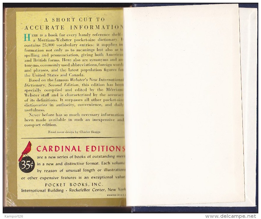 1951 The Merriam - Webster POCKET DICTIONARY Dictionnaire De La Langue Anglaise - Lingua Inglese/ Grammatica