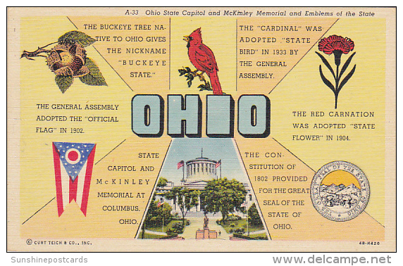 State Capitol McKinley Monument And Emblems Of The State Columbus Ohio Curteich - Columbus