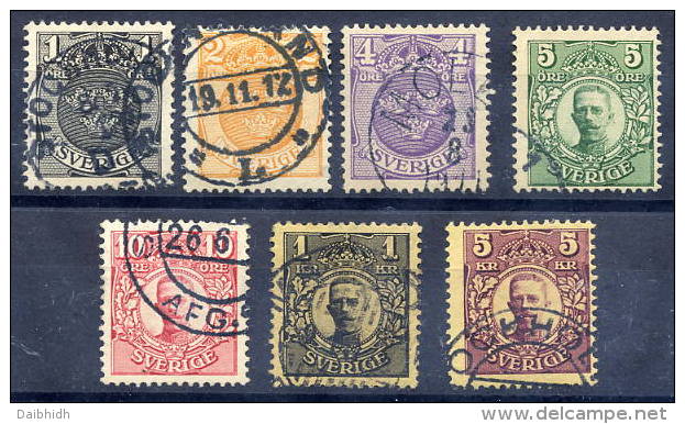 SWEDEN 1910-14 Definitive With Crown Watermark Used.  Michel 57-63 - Usados