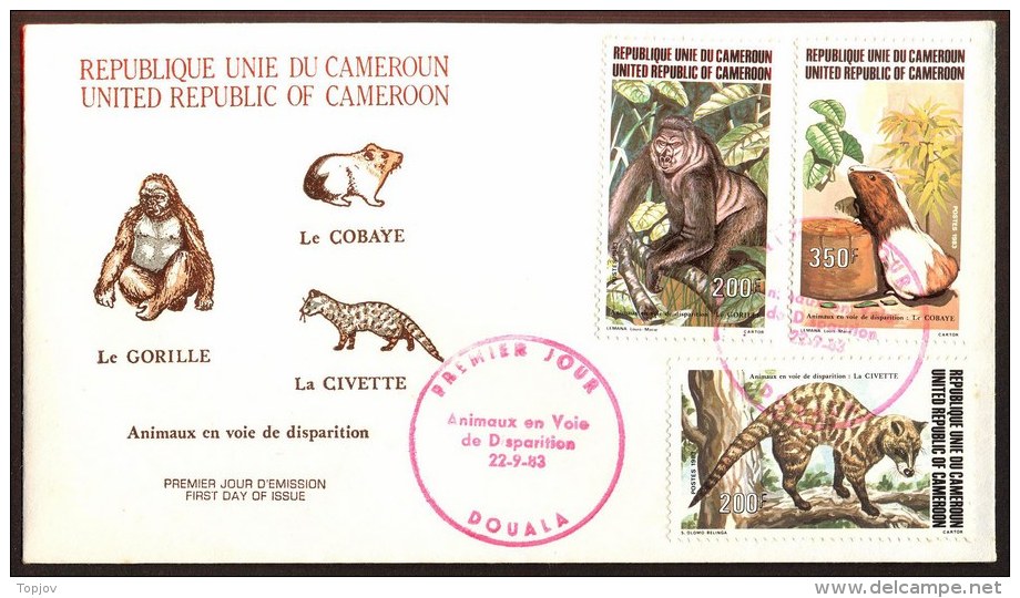 CAMEROON - ANIMALS - GORILLA - COBAYE - CIVETTE  - FDC - 1983 - Gorilas