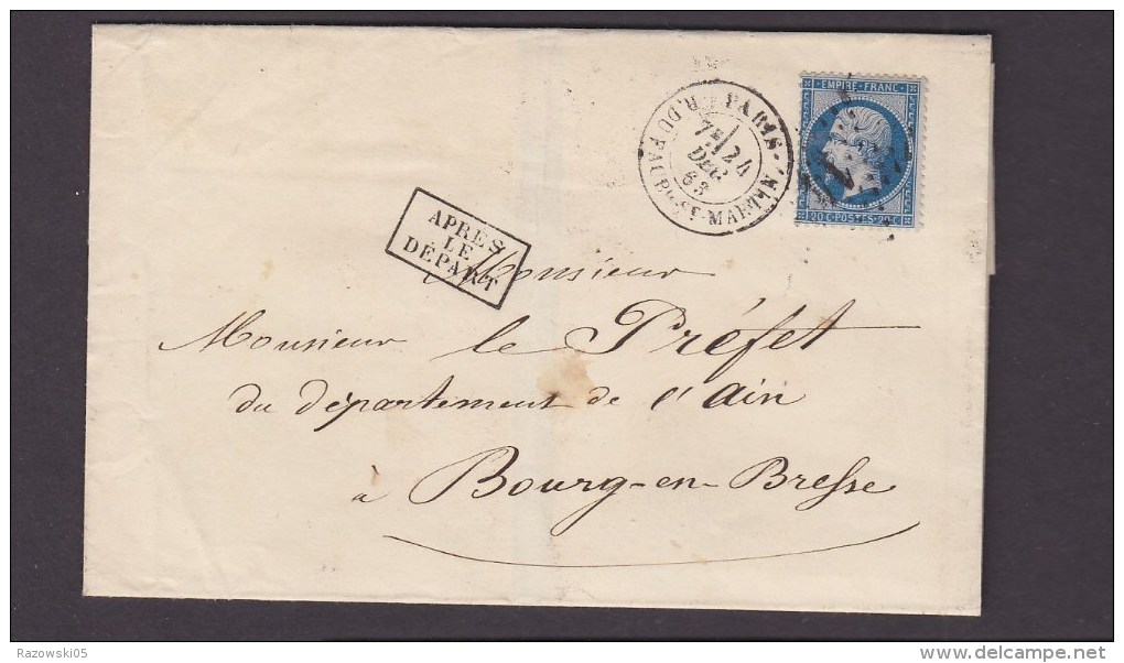 FRANCE. TIMBRE. LETTRE. BOURG EN BRESSE. AIN. LYON. PREFECTURE. PREFET. 01. PARIS. CACHET DEPART - 1863-1870 Napoléon III Lauré