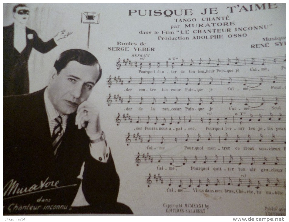 CPA Musique Avec Partition. Puisque Je T'aime Tango Chanté Par Muratore - Music And Musicians