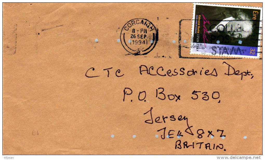 Irlande: 1994 Belle Lettre Voyagée Vers Jersey  Timbre "Edmund Burke" - Storia Postale