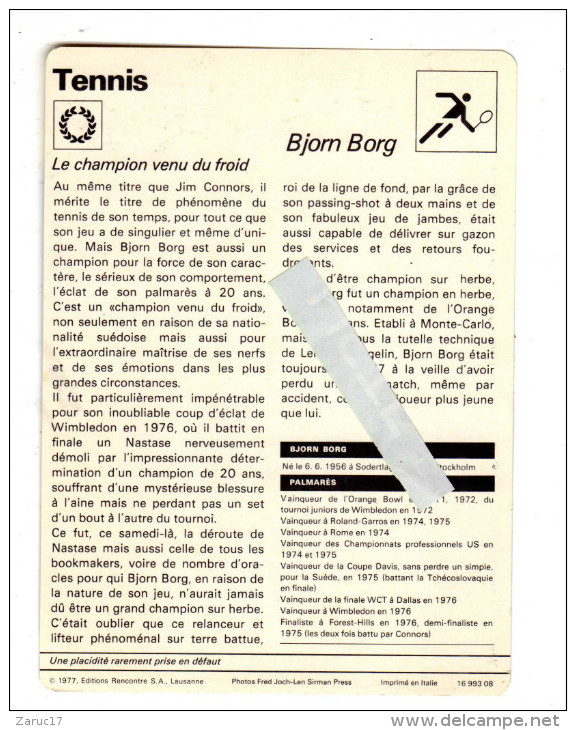 Fiche Illustree Documentée TENNIS BJORN BORG EDITIONS RENCONTRES 1977 TENNIS MAN ROLAND GARROS - Sport