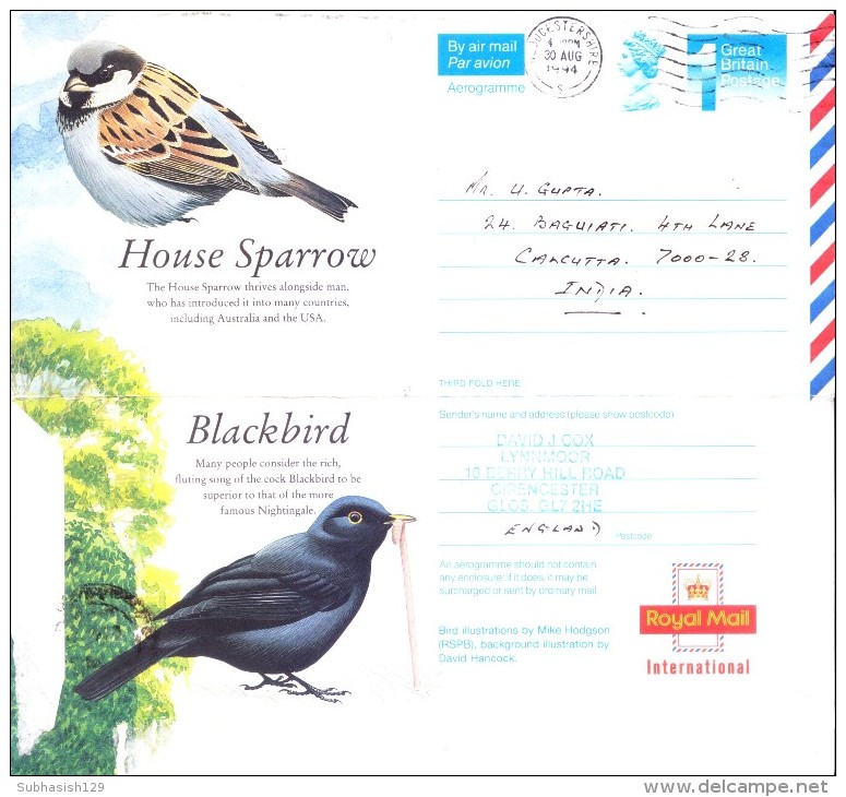 GREAT BRITAIN POSTAGE PAID ILLUSTRATED AEROGRAM ON BIRD COMMERCIALLY SENT TO INDIA ON 1994 - Covers & Documents