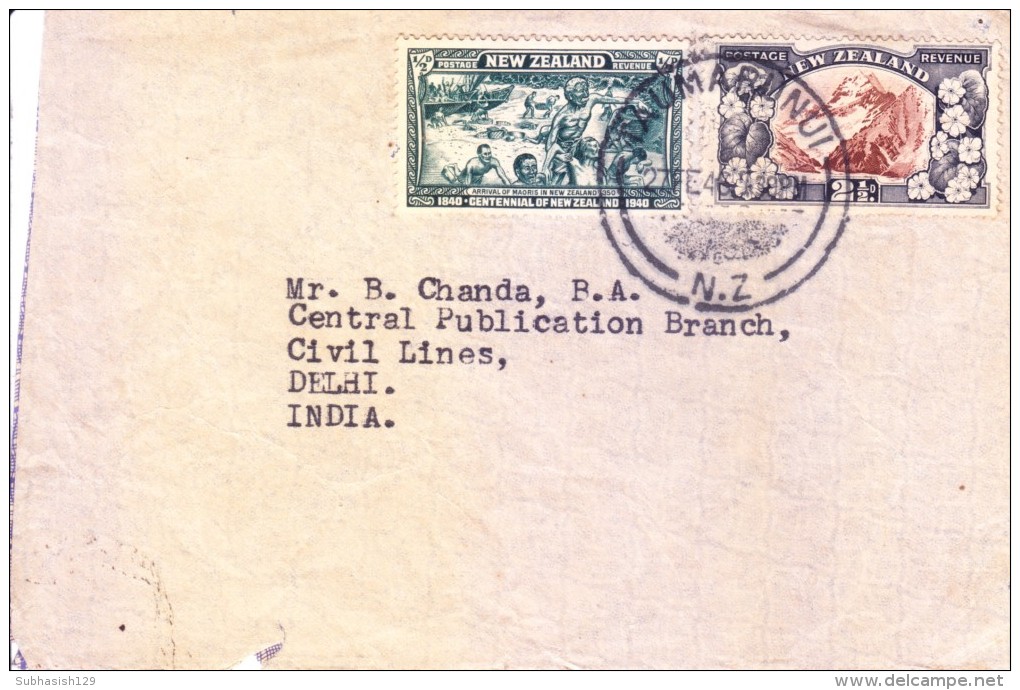NEW ZEALAND 1946 COMMERCIAL COVER POSTED FROM TAUMARUNUI SENT TO INDIA - Covers & Documents