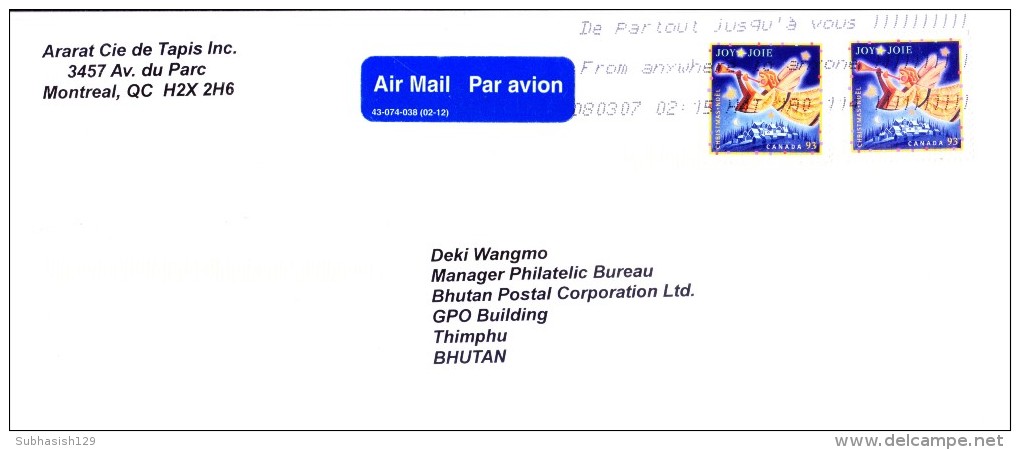 CANADA AIRMAIL COVER WITH SLOGAN CANCELLATION SENT TO BHUTAN - Poste Aérienne