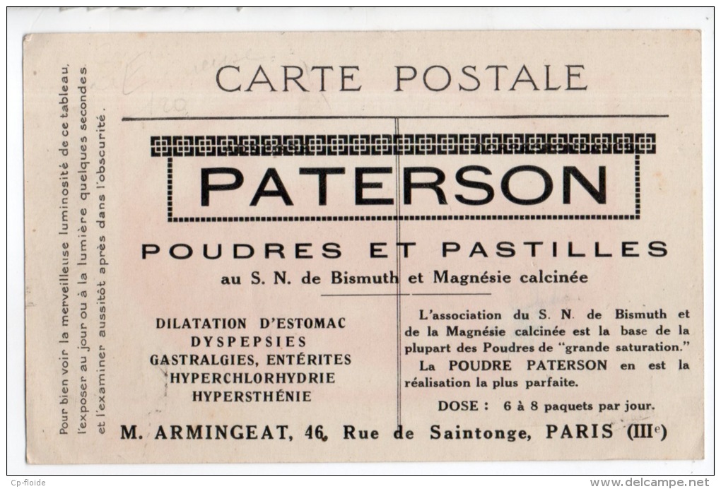 PATERSON . POUDRES ET PASTILLES M. ARMINGEAT 46, RUE DE SAINTONGE PARIS IIIe . VUE DE PARIS " LA CITÉ " - Ref. N°7072 - - Santé