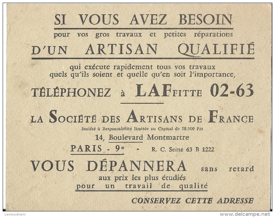 Société Des Artisans De France/ Publicité / Si Vous Avez Besoin D'un Artisan Qualifié / Vers 1960-1965       VP652 - Non Classés