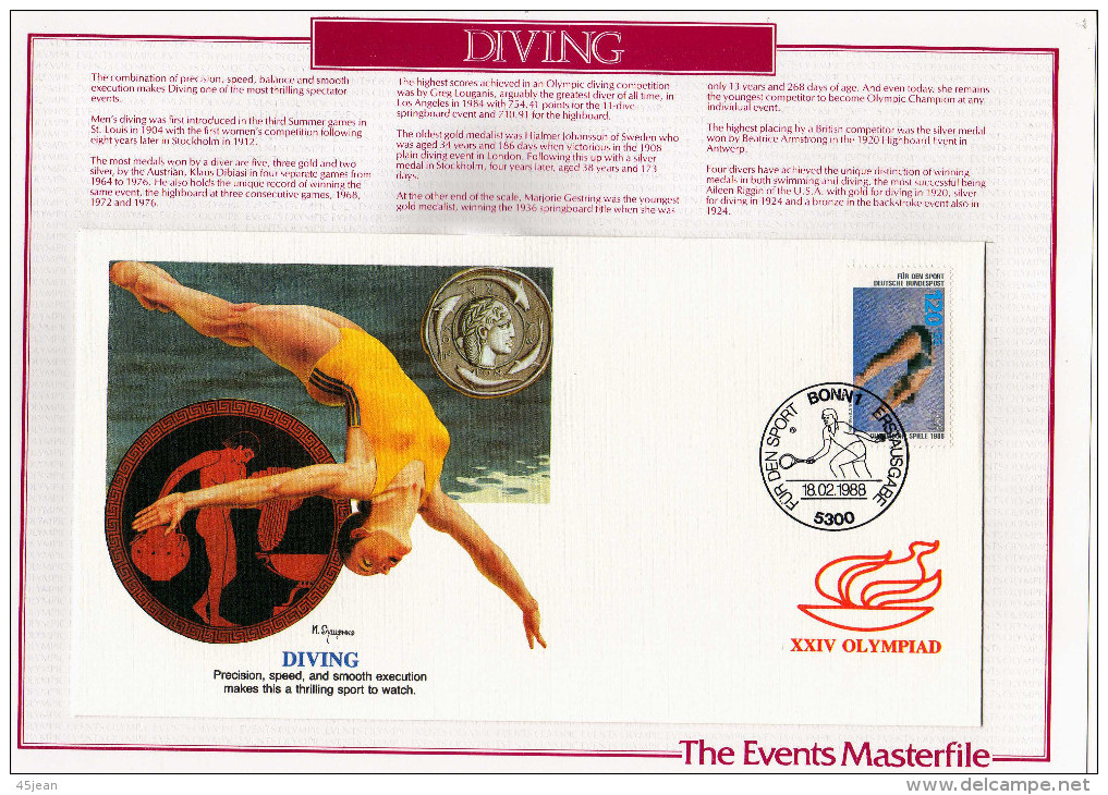 Allemagne: 1988 Très Belle Fdc Sur Support, Jeux Olympiques De Séoul Le Plongeon "voir Descriptif" - Duiken