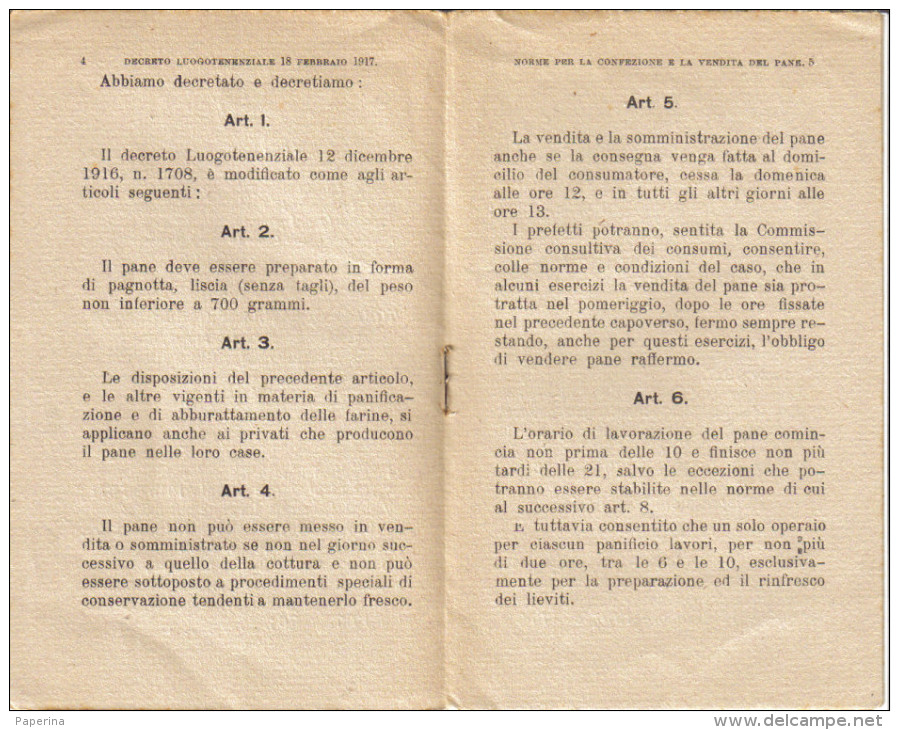 PANE: NORME PER LA CONFEZIONE E LA VENDITA DECRETO LUOGOTENENZIALE DEL 1927 CASA ED. E. PETROCOLA - Decreti & Leggi