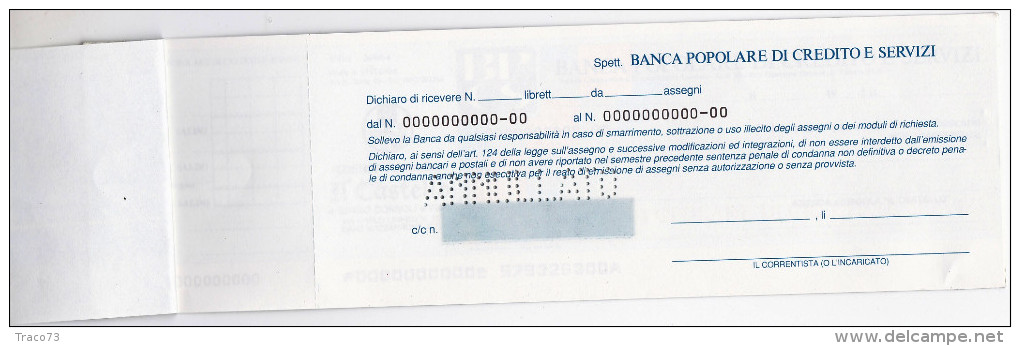 SPECIMEN   /   ASSEGNO DI CONTO CORRENTE DELLA BANCA POPOLARE DI CREDITO E SERVIZI - [10] Assegni E Miniassegni