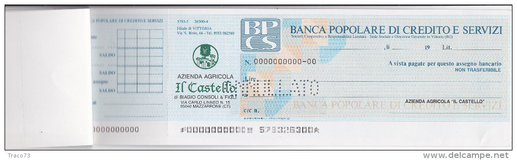 SPECIMEN   /   ASSEGNO DI CONTO CORRENTE DELLA BANCA POPOLARE DI CREDITO E SERVIZI - [10] Assegni E Miniassegni