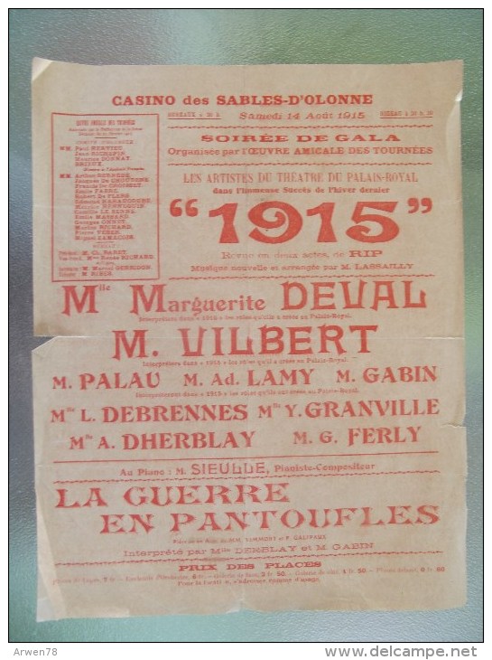 Casino Des Sables D'olonne Programme De Theatre 1915 Avec Marguerite Deval  Et M Gabin Pere De Jean - Programmi