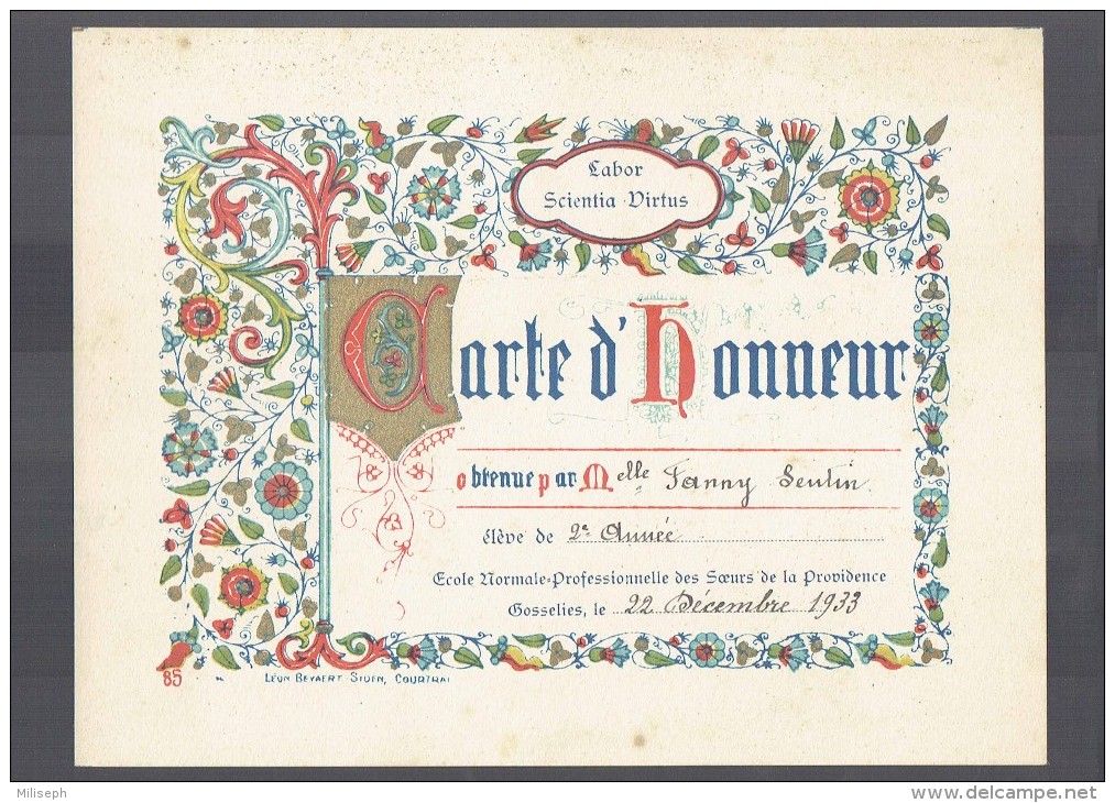 CARTE D' HONNEUR - Ecole Des Sœurs De La Providence , Gosselies - 1933  ( SEUTIN Luttre )    (3730) - Diplômes & Bulletins Scolaires