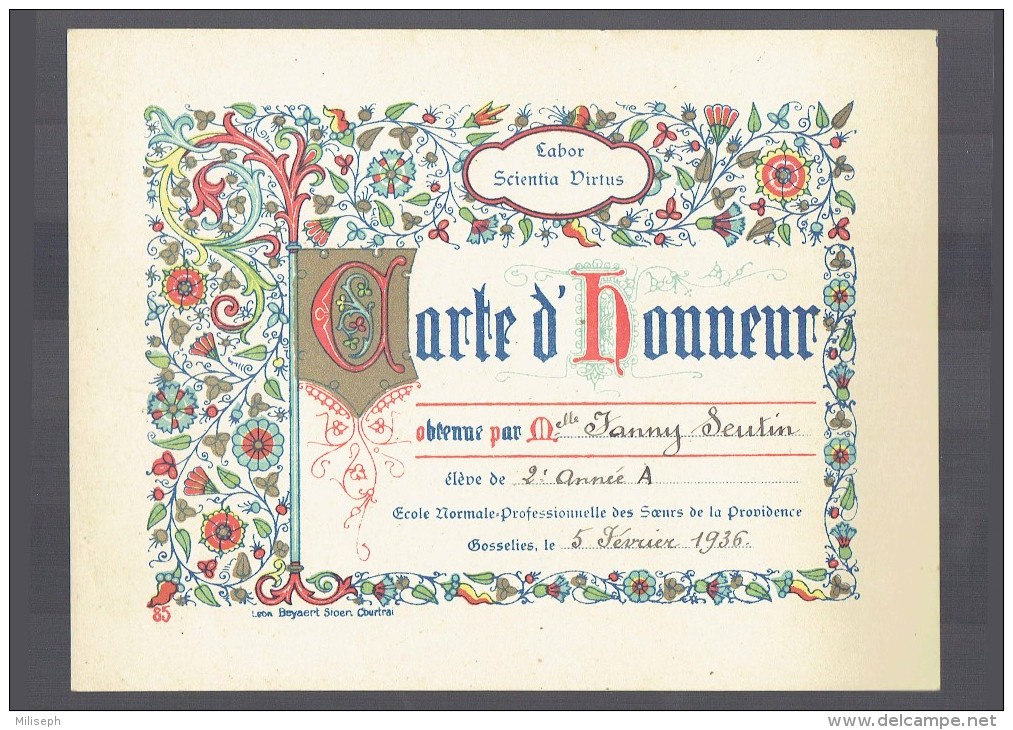 CARTE D´ HONNEUR - Ecole Des Sœurs De La Providence , Gosselies - 5-02-1936  ( SEUTIN Luttre )    (3731) - Diplômes & Bulletins Scolaires