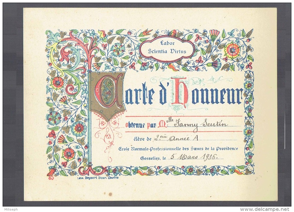 CARTE D´ HONNEUR - Ecole Des Sœurs De La Providence , Gosselies - 5-03-1936  ( SEUTIN Luttre )    (3732) - Diploma's En Schoolrapporten