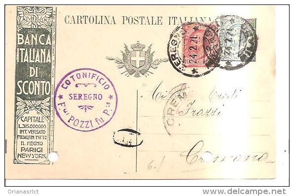 61182)intero Postale Publi.  Banca Italiana Di Sconto Da Seregno A Cremona 22-2-21cent.15+10 - Interi Postali