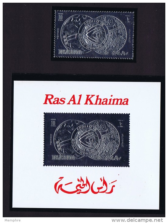 1971 Apollo XV  MiNr A566a, Bl A103**- Timbres Argent - Espace - Silver Stamps - Space - Ras Al-Khaimah