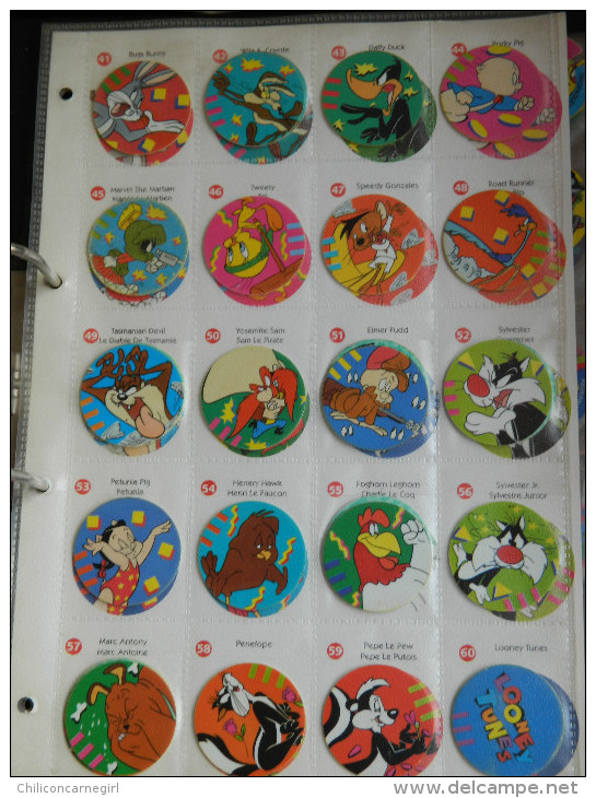 Classeur avec 170 Pogs ( 115 Pogs + 55 double ) - Titi - Bugs - Smiths - Taz - Elmer - Looney Tunes - Etc ..... - FLIPPO