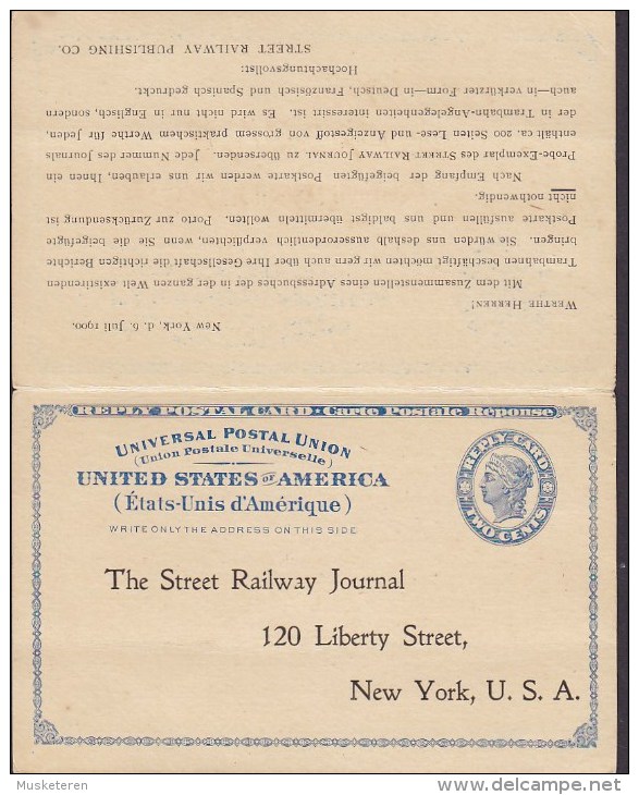 United States UPU Postal Stationery Ganzsache W. Reply SCHOONHOVEN 1900 PRIVATE PRINT Railway Journal NEW YORK (2 Scans) - ...-1900