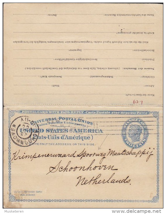 United States UPU Postal Stationery Ganzsache W. Reply SCHOONHOVEN 1900 PRIVATE PRINT Railway Journal NEW YORK (2 Scans) - ...-1900