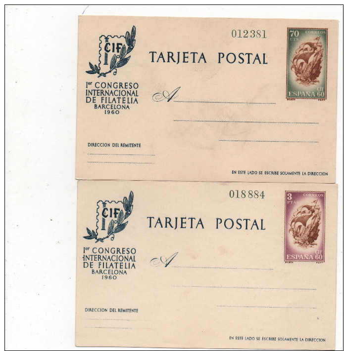 2 Postales 1960 , 70cts + 3 Pts , Congreso Filatelia Barcelona - 1931-....