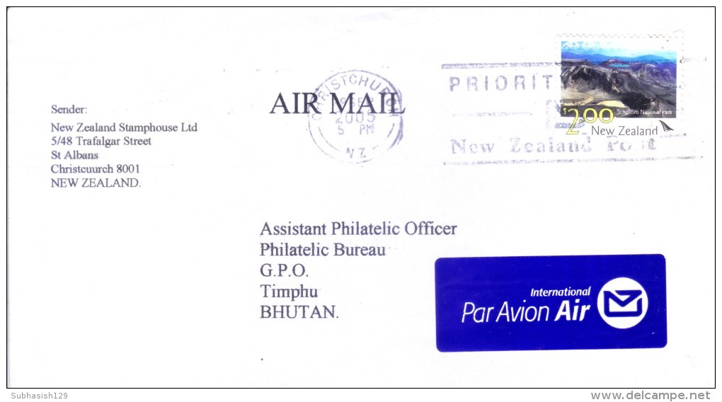 NEW ZEALAND 2005 COMMERCIAL COVER POSTED FROM CHRISTCHUROM FOR BHUTAN - Lettres & Documents