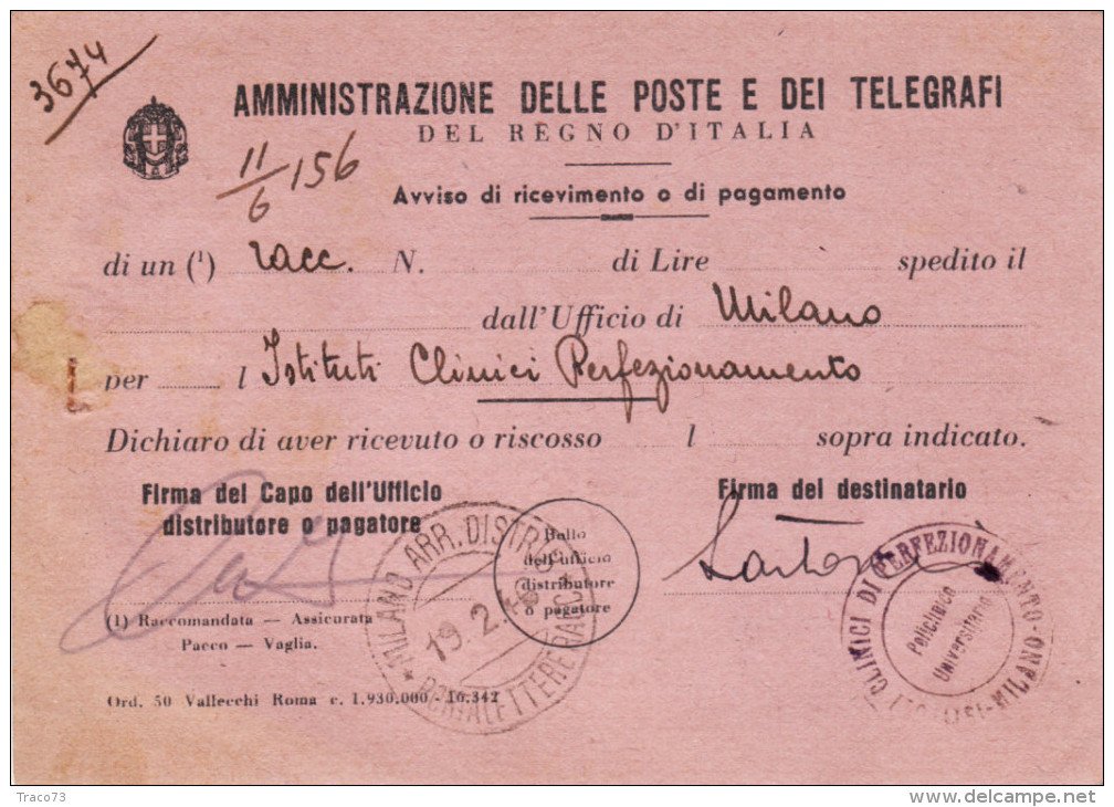 MILANO  23.2.1946  /   CHIOGGIA -  Avviso Di Ricevimento _  Imperiale S.F. Lire 2 X 2 - Storia Postale