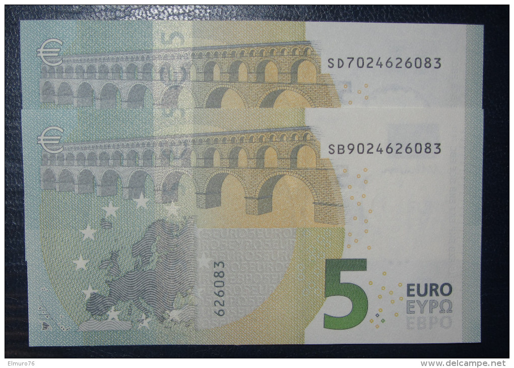 2x 5 EURO S001 SD+SB Nine Equal Numbers ITALY  ITALIA Draghi Perfect UNC - 5 Euro