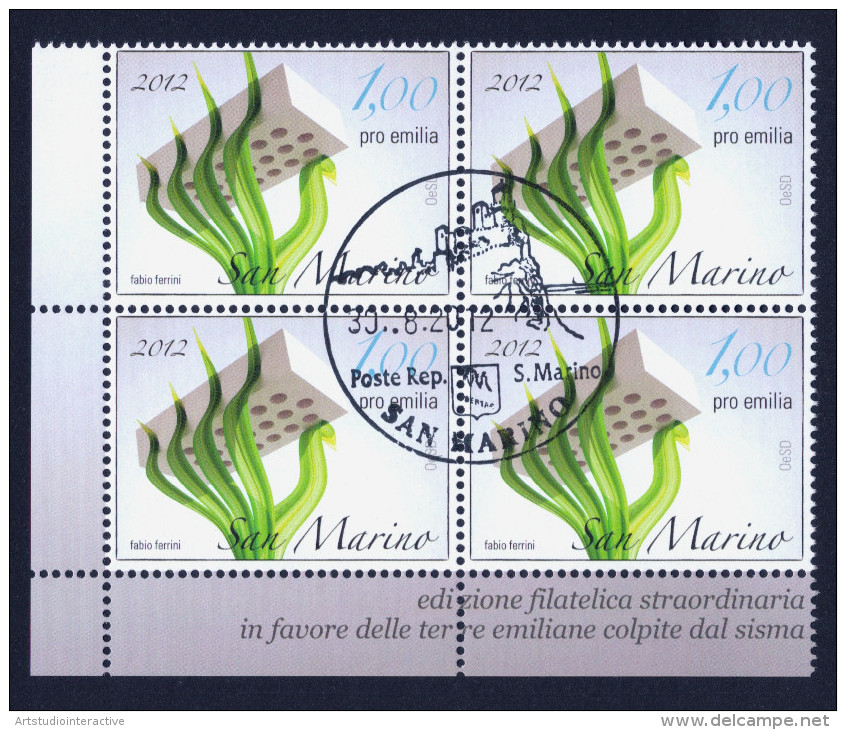 2012 SAN MARINO "EMISSIONE PER TERRE EMILIANE COLPITE DAL SISMA" QUARTINA ANNULLO PRIMO GIORNO - Used Stamps