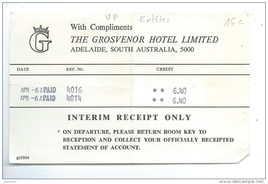 FACTURE: Hotel " The Grosvenor Hotel Limited " à Adelaide - Australie