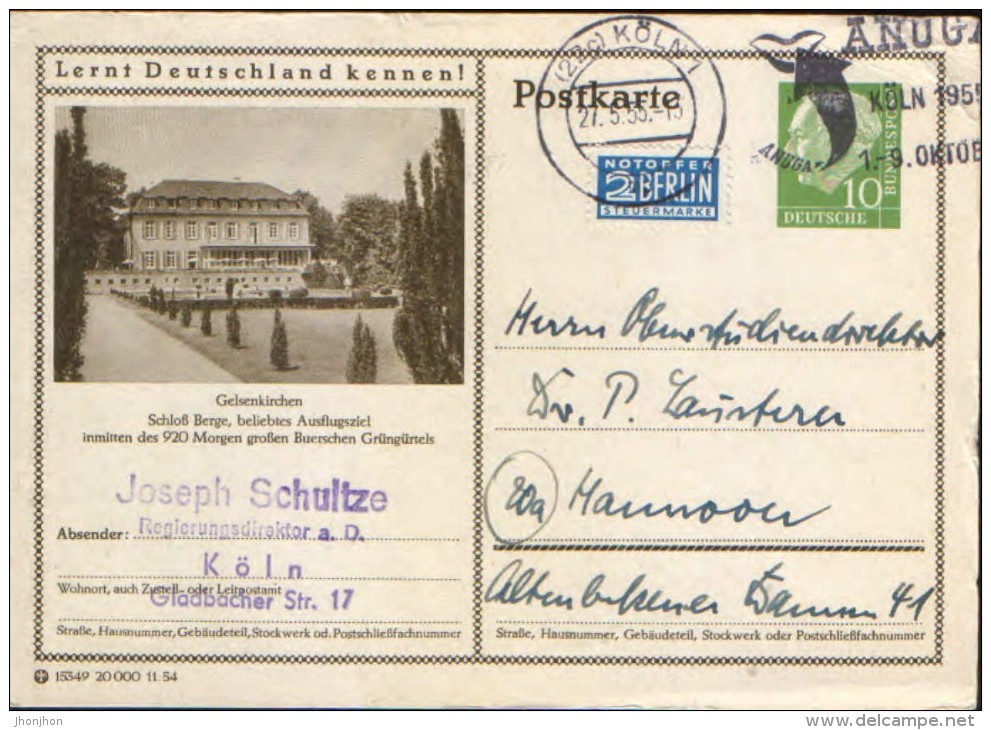 Germany/ Republic -stationery Illust. Postcard Circulated 1955,with Special Cachet Anuga - Gelsenkirchen Schloss Berge - Bildpostkarten - Gebraucht