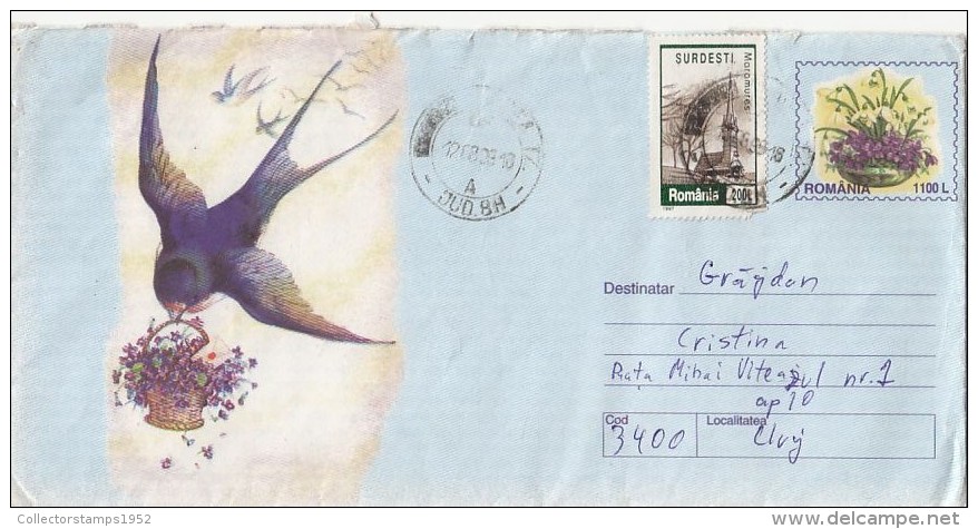 80FM- BIRD, SWALLOW, COVER STATIONERY, ENTIER POSTAL, 1999, ROMANIA - Golondrinas