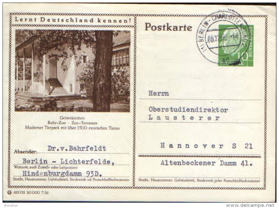 Germany/ Republic -stationery Illust. Postcard Circulated 1956 -Gelsenkirchen,Ruhr-Zoo,Zoo Terrassen - Geïllustreerde Postkaarten - Gebruikt