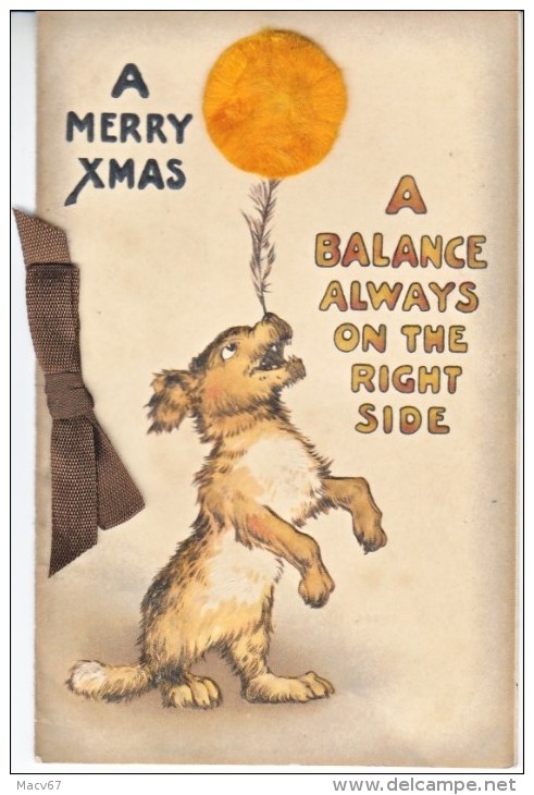 VICTORIAN  ERA  1890´s   CHRISTMAS  CARD  W/  RIBBON  FELT  BALL  DOG  EMBOSSED - Bestickt